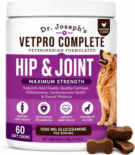 VetPro Complete Glucosamina para perros – Masticables suaves de máxima fuerza con condroitina, MSM, cúrcuma, vitamina C, Omega 3 – trata la