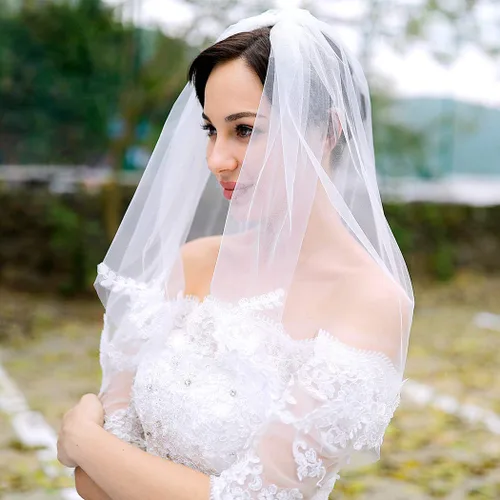 Miniatura 6 de Unsutuo Velo de boda marfil con apliques de encaje cortos para novia, longitud al hombro, velo de tul nupcial con peine para mujeres y niñas