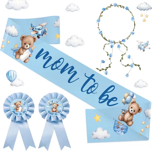 Ceenna Decoración de oso azul para baby shower, banda para mamá y papá, corona de flores para niños, baby shower, revelaciones de género que podemos