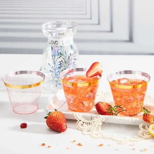 Miniatura 3 de LUODA 150 vasos de plástico rosa, vasos desechables transparentes de 9 onzas con borde dorado, vasos de plástico con borde dorado, vasos de plástico