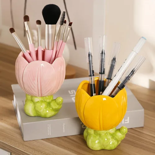 Miniatura 3 de WONIU Lindo portalápices flor cerámica pluma taza escritorio organizador para oficina en casa, amarillo