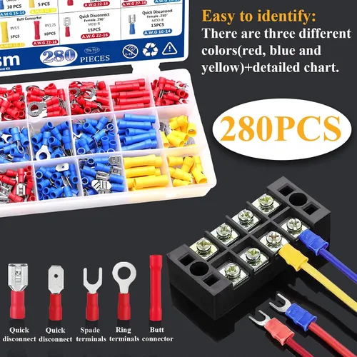 Miniatura 3 de Tnisesm Kit surtido de conectores de crimpado de alambre aislado con anillo, pala, tope, desconexión rápida, terminales de cable automotriz de 280