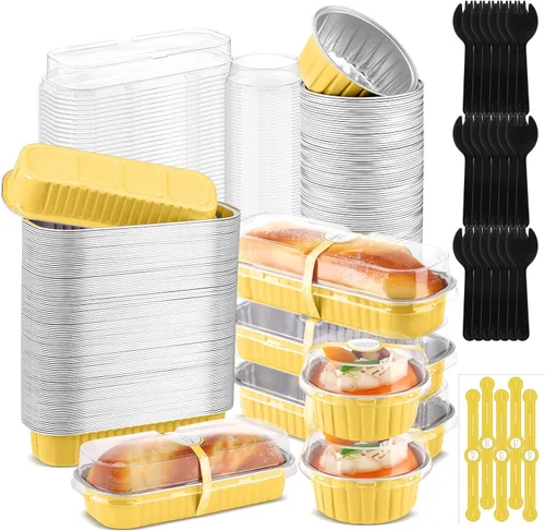 Miniatura 9 de Suclain 600 piezas de mini moldes para pan negros y dorados con tapas y cucharas, calcomanías de sellado de 6.8 onzas, papel de aluminio desechable