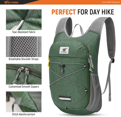 Miniatura 3 de SKYSPER Mochila de senderismo plegable - Mochilas de viaje transpirables pequeñas y ligeras de 10L/15L Verde