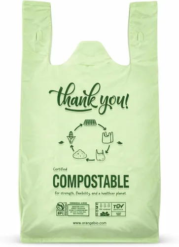 Bolsas de compras compostables certificadas por OrangeBio (tamaño grande), 500 unidades, 12 x 6 x 20 pulgadas (extragruesas), capacidad para 20