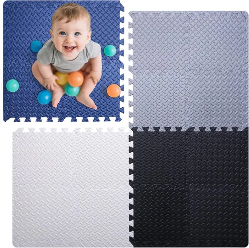 Miniatura 10 de Coolcandy Tapete de juego de espuma para bebé, 16 piezas con tiras de borde, azulejos de piso entrelazados de 4 colores, tapete de piso