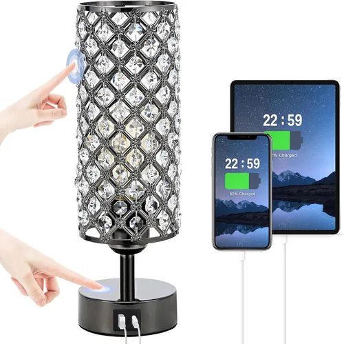 Miniatura 13 de Lámpara de mesa de cristal Hong-in - Control táctil regulable en 3 vías, lámpara de cabecera de oro rosa con puertos USB C y A, luz de mesita