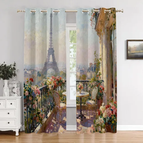 Miniatura 75 de Cortinas opacas de cocina con pintura al óleo de Europa rosa y negra para ventanas, cenefas opacas modernas de torre Eiffel de poliéster multicapa
