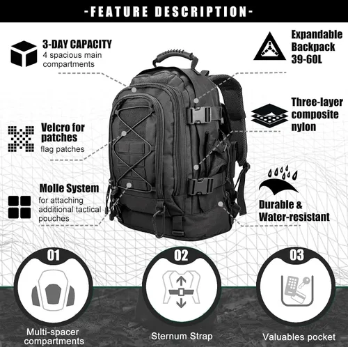 Miniatura 5 de Miramrax - Mochila táctica militar del ejército - Paquete de asalto para hombres, mochilas Molle, bolsa de evacuación, paquete de 3 días para Negro