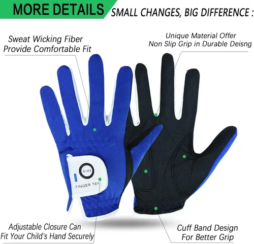 Miniatura 2 de FINGER TEN Guantes de golf para niños y niñas, mano izquierda y derecha, Dura Feel blanco, azul, rojo, amarillo, guantes de golf de valor extra