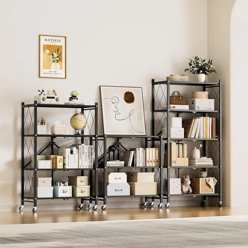 Miniatura 6 de HealSmart Estantería plegable de metal resistente de 3 niveles con ruedas, estantes organizadores para garaje y cocina con capacidad de hasta 750