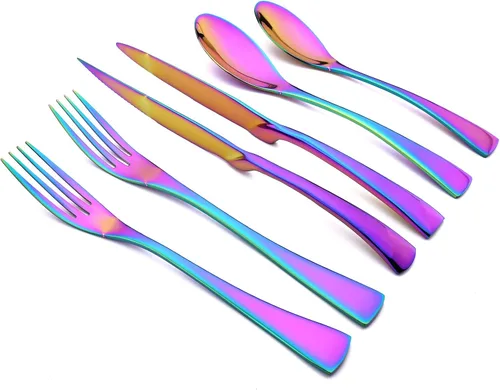 Miniatura 10 de Juego de cubiertos de 24 piezas, espejo de acero inoxidable 18/10, servicio de vajilla de lujo para 4, cuchillo de carne, postre, accesorios para Oro