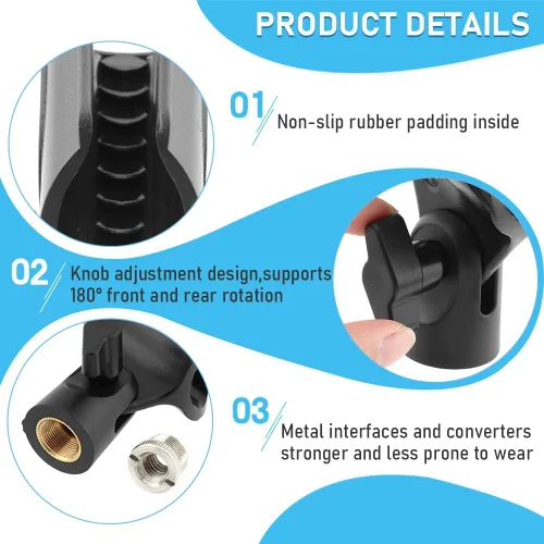 Miniatura 5 de Clip de micrófono de ángulo ajustable en forma de U Soporte de clip de micrófono con adaptador de tornillo Soporte universal para micrófono