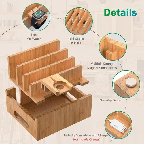 Miniatura 2 de Estación de carga para teléfono celular Pezin & Hulin, organizador de muelle de bambú para múltiples dispositivos, tabletas, reloj inteligente