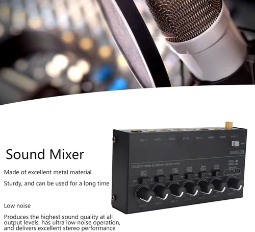 Miniatura 5 de Mezclador de sonido, mezclador de audio profesional, consola de tablero de sonido de bajo ruido, 6 canales, mezclador de línea estéreo para clubes