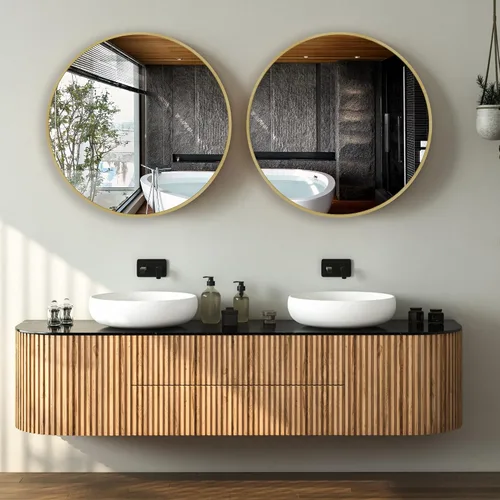 Miniatura 2 de Espejo redondo de vidrio templado dorado de 24 pulgadas, espejo de baño, espejo de tocador con marco de metal, espejo de pared circular para baño