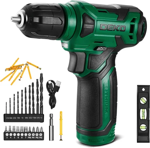 Miniatura 11 de Taladro inalámbrico DEKOPRO de 8 V, juego de taladro con mandril sin llave de 3/8 pulgadas, 42 piezas de accesorios, LED incorporado, cable de carga