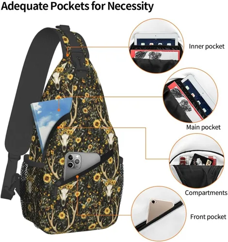 Miniatura 4 de Small Crossbody Bags for Women Men - Vintage Sunflower Deer Skull Print Adjustable Shoulder Bag Fanny Packs Belt Sling Bag Crossbody Purses Backpack