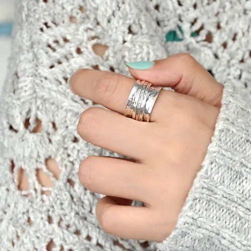 Miniatura 2 de Boho-Magic Anillo giratorio de plata de ley 925 para mujer, 3 anillos antiansiedad, banda ancha martillada