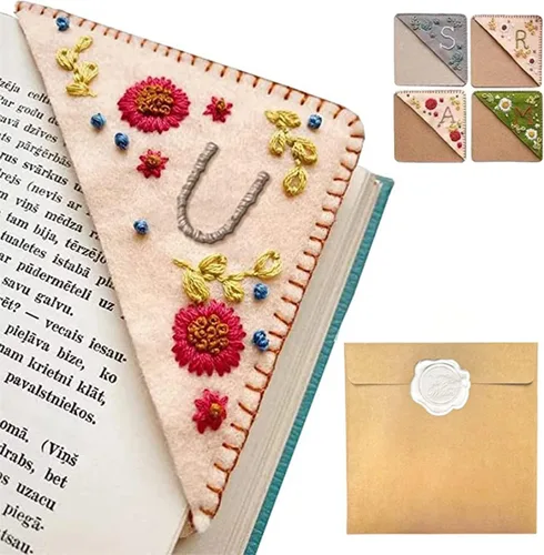 Miniatura 67 de Marcapáginas de esquina bordado a mano personalizado, 26 letras con costura a mano de fieltro, marcapáginas de esquina con bordado de flores lindo