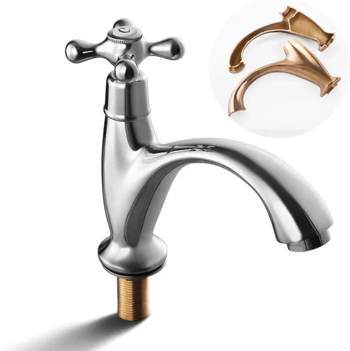 SKOWLL Grifo de agua fría de una sola manija, grifo de fregadero de baño de montaje en cubierta de cromo pulido, grifo de lavabo de tocador de baño