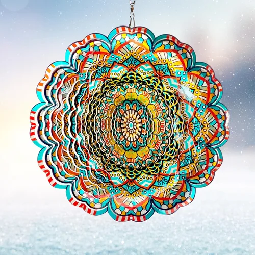 Miniatura 12 de Mandala Blossom Wind Spinner - Molinillos de Viento de Metal Escultura de Viento Colgante Cinética 3D de 12 pulgadas Cortada con Láser