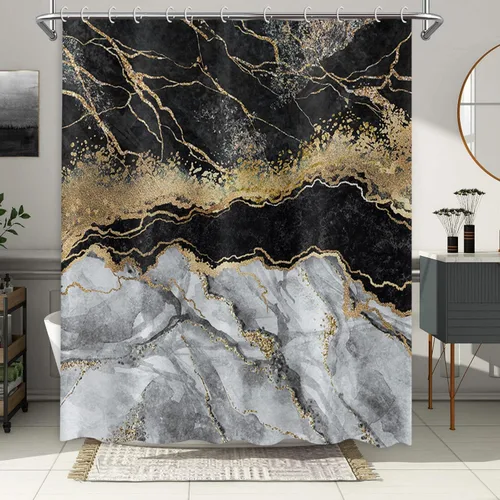 Miniatura 2 de Cortina de ducha de mármol negro, moderno, abstracto, mezclado, negro, gris, dorado, textura de mármol, líneas agrietadas, cortina de baño, bañera