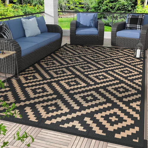 Miniatura 14 de GENIMO Alfombra de exterior impermeable de 5 x 8 pies, alfombras reversibles, alfombra de área, alfombra de plástico para exteriores, alfombra Negro