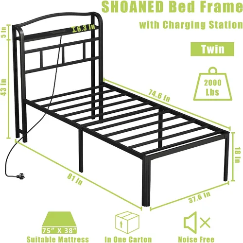 Miniatura 2 de SHOANED Base de cama de metal de 18 pulgadas, base de colchón básica de plataforma resistente de color negro con cabecera y estación de carga,