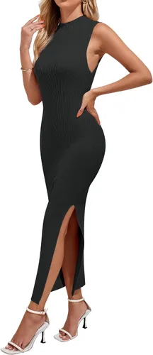 Miniatura 3 de MEROKEETY Vestido de punto sin mangas con cuello alto falso para mujer 2024, vestido de punto acanalado bodycon con abertura