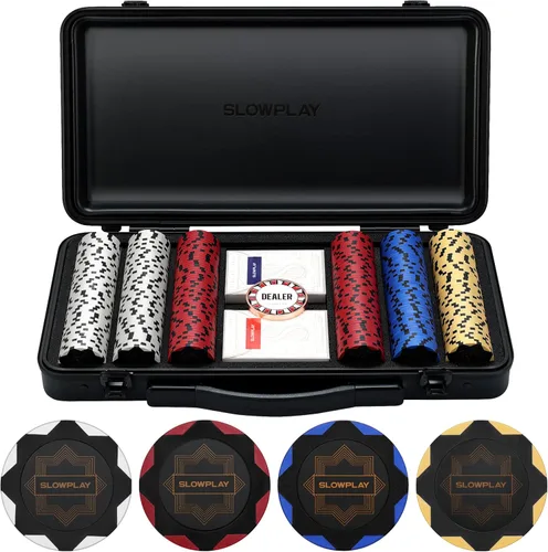 SLOWPLAY Nash Juego de fichas de póquer de arcilla de 14g para Texas Hold'em, 300 piezas [Fichas en blanco - Edición Oro Negro] Incluye un estuche