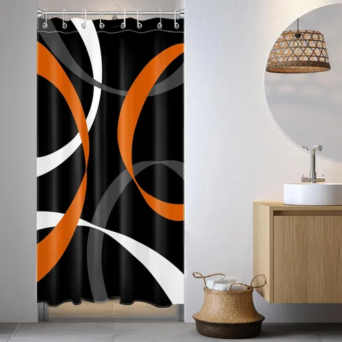 Miniatura 21 de LB Cortina de ducha abstracta rosa para baño, cortina de ducha de tela a rayas grises y blancas sobre fondo negro con ganchos, juego de cortinas