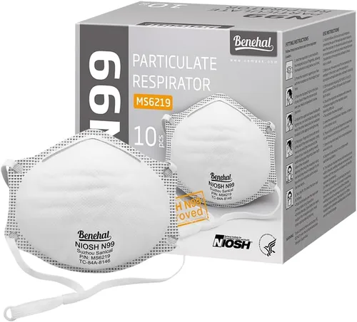 benehal Máscara facial N99 aprobada por NIOSH, paquete de 10 unidades, blanca, respirador N99 para polvo, contaminación y alergias, transpirable,