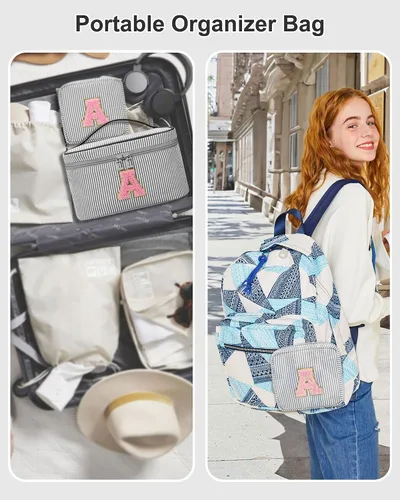 Miniatura 7 de Juego de bolsas de maquillaje con iniciales para niñas y mujeres, bolsa de cosméticos con monograma con soporte para cepillos, estuche de maquillaje