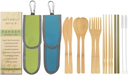 UPTRUST Juego de 2 cubiertos de bambú de bambú de viaje, utensilios de mesa reutilizables, tenedor, cuchillo, cuchara, palillos, cepillo de limpieza