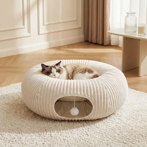 Miniatura 6 de Cama túnel para gatos con 40 juguetes para gatos, túnel de juego plegable para gatos de interior, tubo para gatos para gatitos y cachorros Blanco