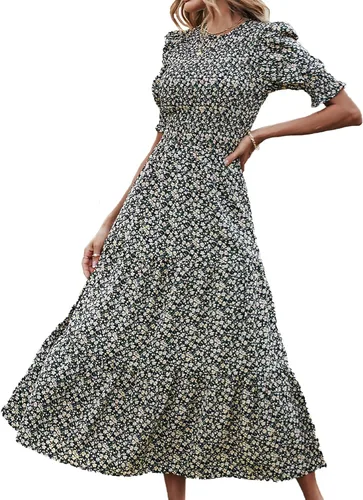 Miniatura 28 de BTFBM Vestidos para mujer, cuello redondo, casual, de verano, con volantes, manga corta, bohemio, con niveles, fruncido, largo, con estampado floral