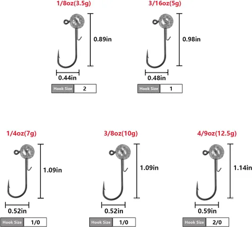 Miniatura 3 de 50 ganchos de pesca con púas – Kit de cabezas de plantilla de bola redonda, 1/6 oz, 1/4 oz, 1/8 oz, 1/2 oz para pesca de lubina trucha de agua