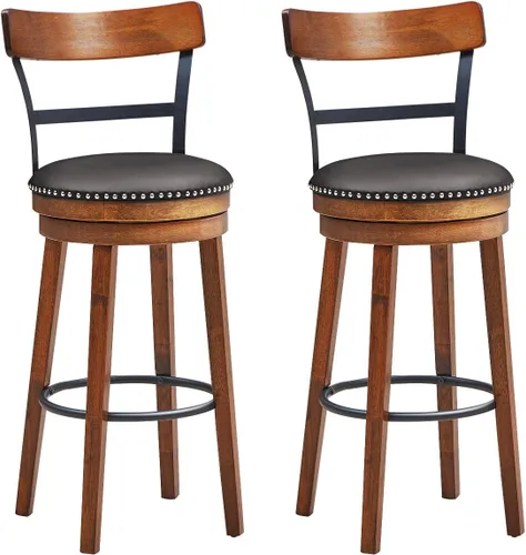 Miniatura 11 de COSTWAY Juego de 2 taburetes de bar, taburetes giratorios de 360 grados con asiento acolchado de cuero, respaldo de escalera de un solo listón