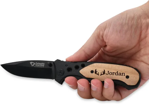 Miniatura 6 de Palmetto Wood Shop - Cuchillo de bolsillo grabado con láser, regalo para hombres 3.25" Stainless Steel Blade, Real Wood Handle, Personalized Text