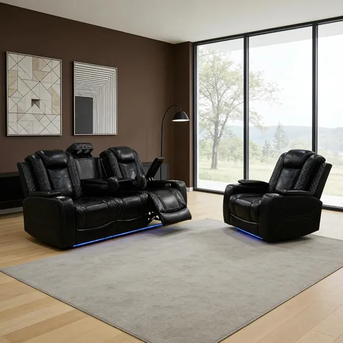 Miniatura 21 de Sofá reclinable individual eléctrico para muebles de sala de estar, silla reclinable de cuero con luces LED, puertos USB, almacenamiento oculto