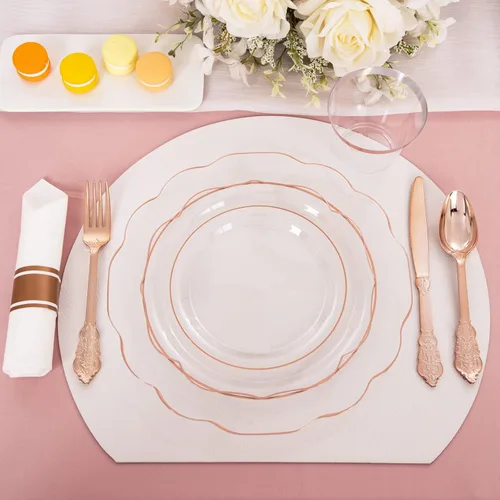 Miniatura 5 de NOCCUR 350 platos de plástico color oro rosa, juego de vajilla desechable de oro rosa transparente, incluye 100 platos de cena/postre, 50 tazas, 50
