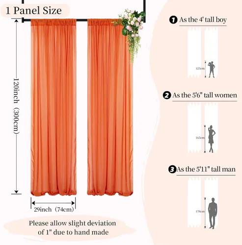 Miniatura 7 de DUOBAO Cortina de gasa naranja transparente de 10 pies, 2 paneles de 29 x 120 pulgadas, cortinas de tela de gasa para ceremonia de boda, cortinas