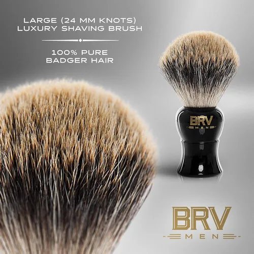 Miniatura 3 de BRV MEN Pure Badger Brocha de afeitar grande (nudos de 0.945 in) - Mango de resina pesada - Uso con maquinilla de afeitar de seguridad de doble Negro