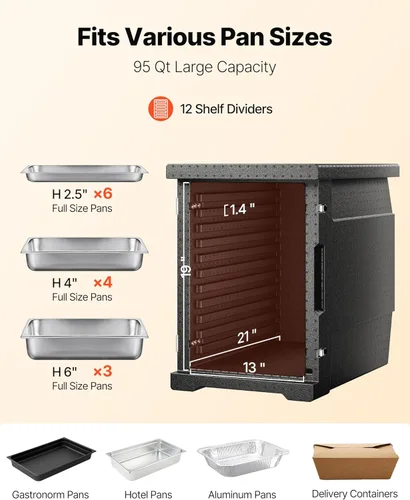 Miniatura 4 de VEVOR Transportador de bandeja de alimentos aislado, caja caliente de 95 cuartos de galón para catering, LLDPE caja de alimentos con hebillas Negro