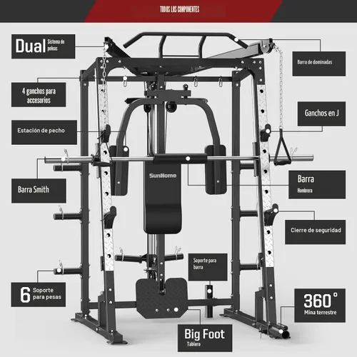 Miniatura 6 de SunHome Smith Machine, soporte para sentadillas Power Cage con barra Smith, sistemas de tracción LAT, máquina cruzada de cables y accesorio de cable