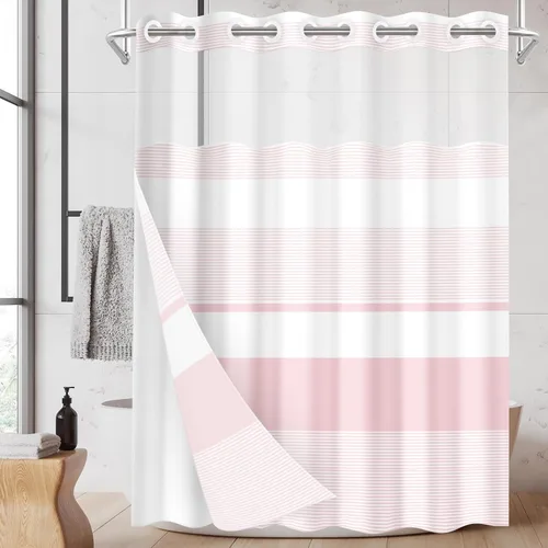 Miniatura 27 de Juego de cortina de ducha beige sin gancho con forro de tela a presión, diseño bohemio, a rayas, moderno, doble capa, tela impermeable con ventana