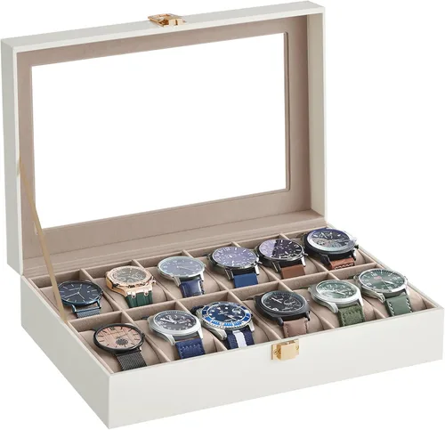 SONGMICS Caja de reloj, caja de reloj de 12 ranuras con tapa de vidrio grande, almohadas extraíbles para reloj, organizador de caja de reloj, regalo