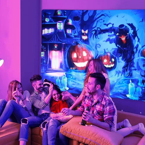Miniatura 6 de Shoowyees Tapiz de luz negra de Halloween, tapiz nocturno para colgar en la pared, bosque embrujado con tumba y calabazas, manta de pared reactiva a