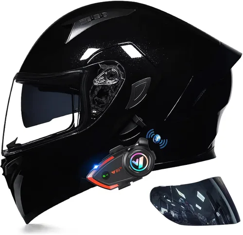 Miniatura 16 de Casco modular Bluetooth de doble visera para motocicleta, casco integrado abatible de cara completa, con Bluetooth impermeable que puede soportar